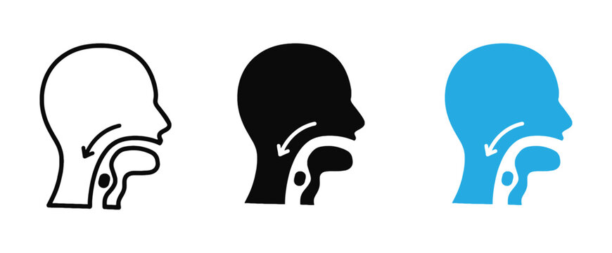 Human head profile silhouette icon showing throat anatomy, pharynx, esophagus, and the swallowing reflex marked with a downward arrow. Includes outline, solid silhouette,  colored flat design styles.