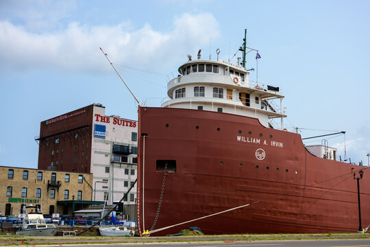 Duluth, MN, USA - July 25, 2026: The William A. Irvin museum ship docked next to The Suites Hotel at Canal Park.