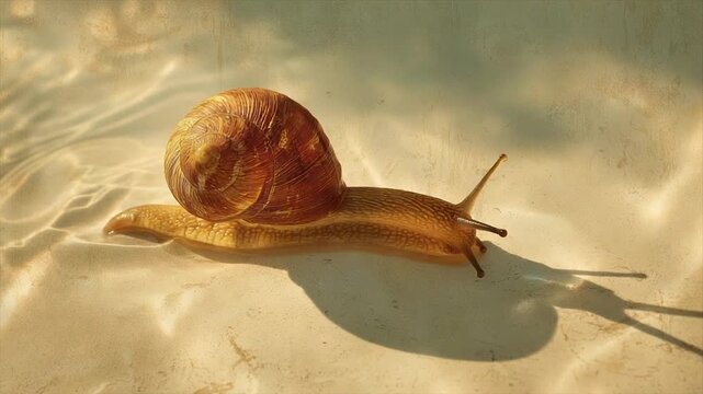 A sunlit snail crawls across a watery surface, casting a long shadow