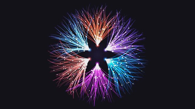 Abstract fiber optic star shape glowing with colorful motion trails and particle effects on black.