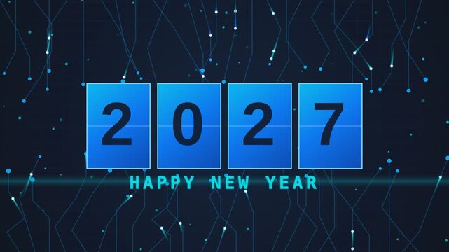 Digital countdown flips from 2026 to 2027 celebrating new year with futuristic technology background.