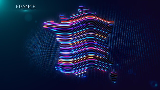 Futuristic France map featuring luminous flowing contour lines, digital particle grid, cinematic depth of field, vibrant lighting, and clean country title for technology themed visuals.