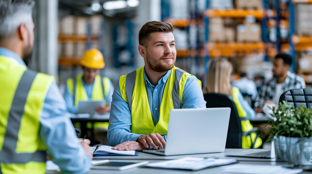 Modern logistics warehouse office with a distribution center team working in an industrial workspace, supply chain management, commercial shipping, warehouse office, logistics