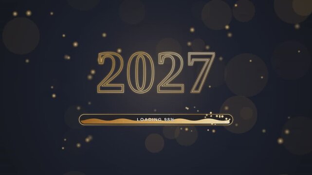 New year 2027 loading progress bar animation with festive bokeh lights motion.
