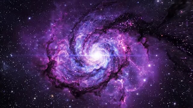 Dramatic cosmic dark particles gathering and swirling rapidly into a massive purple nebula cloud within a deep space stellar formation environment