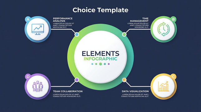 Business infographic template with four steps circular flow diagram and central hub for corporate strategy and data presentation infographic business template