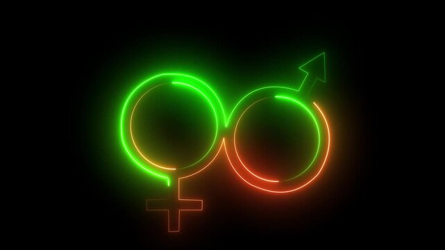 Glowing neon male and female icons. Neon male female logo icon symbol on black background. Male And Female gender Equality Symbol Animation .Male and female sign of gender equality .4k video