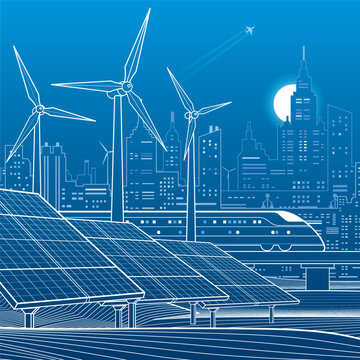 Modern smart city with solar panels, wind turbines and high-speed train. Sustainable urban infrastructure, renewable energy and clean transportation vector background.
