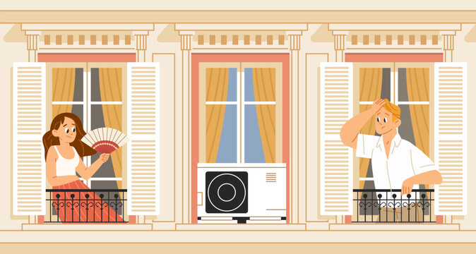 Heatwave Europe Europe air conditioning dilemma concept people sweating fanning open windows apartment building air conditioner summer urban facade