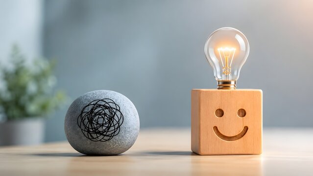 Mental health clarity and creative problem solving concept with tangled wire stone transforming into smiling wooden block with light bulb