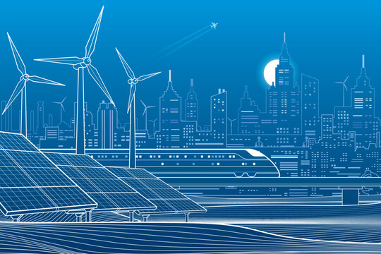 Modern smart city with solar panels, wind turbines and high-speed train. Sustainable urban infrastructure, renewable energy and clean transportation vector background.