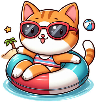 A cat wearing sunglasses and floating on a swim ring, Korean beach cartoon style