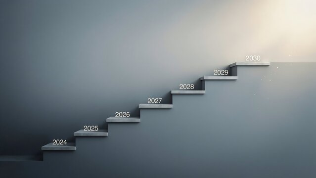 Modern staircase with years from 2024 4to 2030 on wall