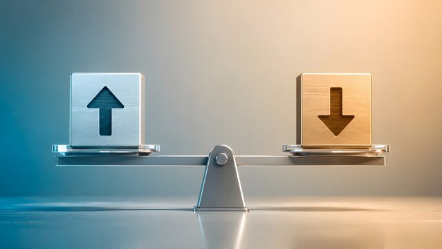 Financial risk management and market strategy concept balancing upward and downward trend arrows on metallic scale