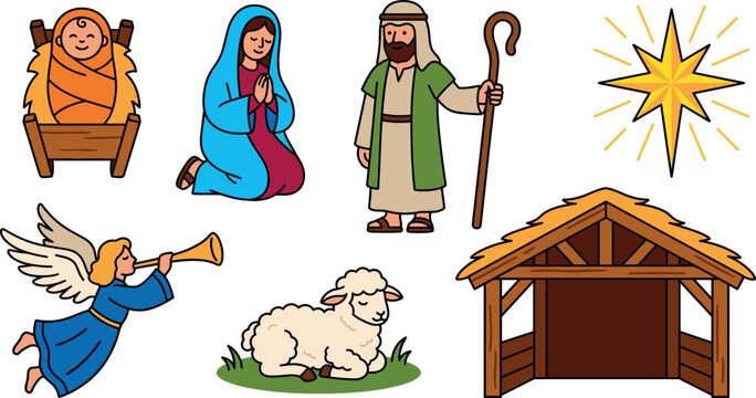 Cute Christmas holy nativity cartoon characters set vector illustration featuring stable baby Jesus angel and sheep