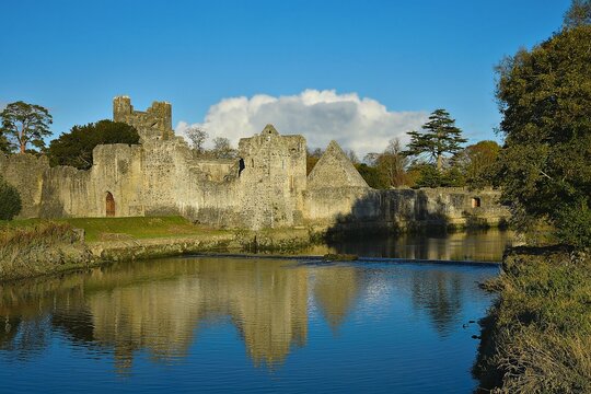 Landscape with scenic view of the Medieval fortress Desmond Castle and the surrounding gardens on the banks of River Maigue in Adare, Limerick Ireland.