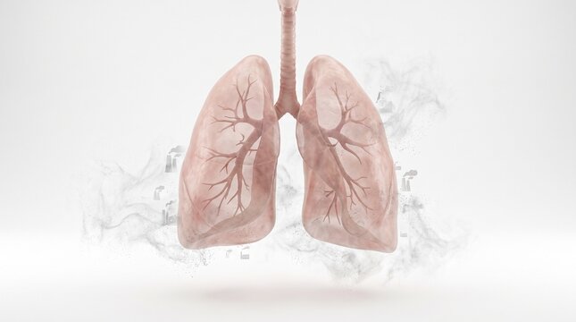 Realistic 3D illustration of human lungs surrounded by smoke showing respiratory health risks, smoking damage, and air pollution awareness