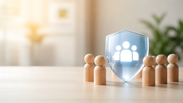 Employee benefits and team protection concept with wooden figures surrounding transparent group security shield on desk