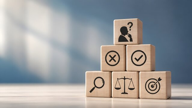 Business strategy and decision making framework concept displaying evaluation icons stacked on wooden blocks against blue background