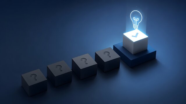 Creative problem solving and solution finding concept with glowing light bulb on checkmark block following question marks