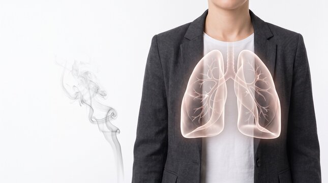 Conceptual health illustration showing a person in a formal business suit with glowing lungs and rising smoke representing respiratory risk
