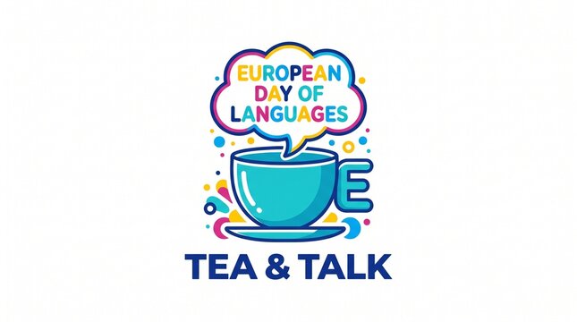 European Day of Languages graphic, colorful tea cup and speech bubble illustration, Tea and Talk event logo for linguistic diversity and education