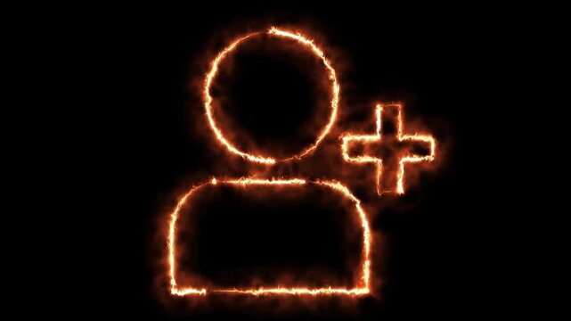 Glowing profile add user icon animation on black background .Looped Neon Lines abstract contact with add friend icon animation plus sign add member head face people man profile animated ..