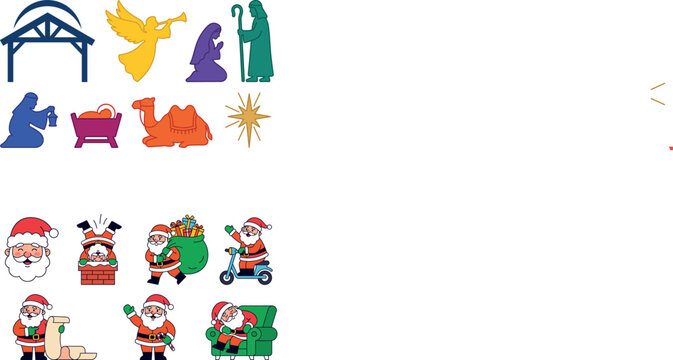 Cute Santa Claus cartoon character poses set vector illustration featuring chimney scooter gift sack and sleeping armchair