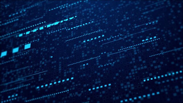 Abstract blue pixel grid visual with layered square tiles, bright data bars, and deep digital focus. Perfect for information systems, software demos, tech promos, network clips, and motion graphics.