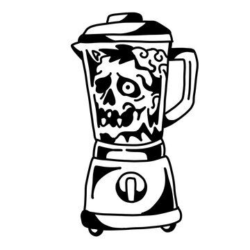 Vicious blender with a skeletal maw. Savage kitchen tool. Dark design