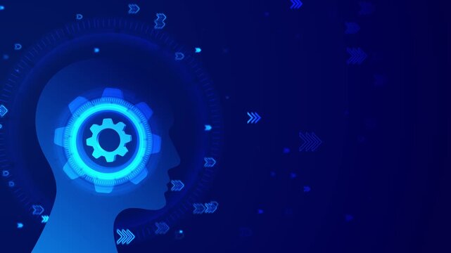 Artificial intelligence automation visual blue head silhouette, bright gear symbol, circular HUD marks, futuristic arrows. robotics , smart systems, workflow clips, tech training, motion graphics.