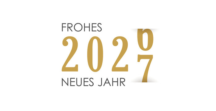 Frohes Neues Jahr 2027, deutscher Text, an Silvester das neue Jahr begr&uuml;ssen, Z&auml;hler schaltet um von 2026 auf 2027, Beschriftung, Vektor Illustration isoliert auf weissem Hintergrund