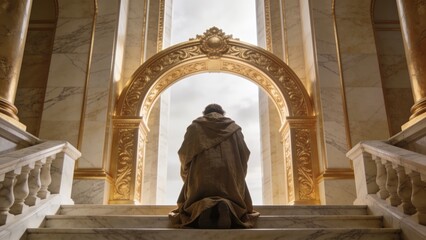 Fototapeta premium Kneeling cloaked figure bowing on marble staircase landing, with gilded arch and balustrades