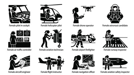Diverse Female Aviation Careers: Pilot, Drone Operator, Astronaut, Technician, Firefighter © ilham