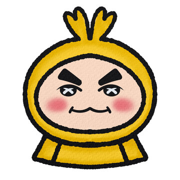 Cute cartoon character in yellow hoodie with dead eyes emoticon sticker