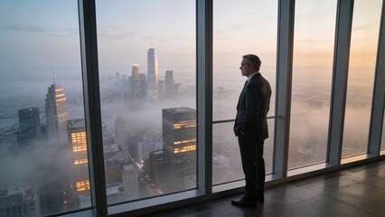 Fototapeta premium Standing man in dark suit gazing out floor-to-ceiling windows with mullions and railing, copy space