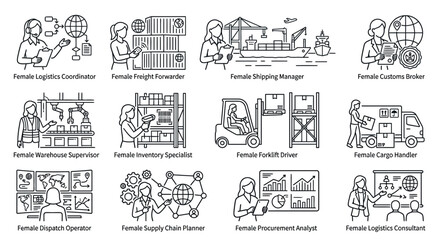Obraz premium Set of Female Logistics Professionals in Hand-Drawn Style Icons