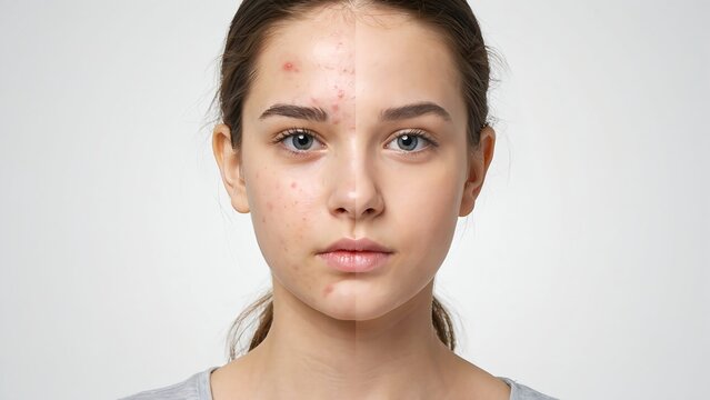 Young woman face showing skin before and after acne treatment comparison against a clean white studio background