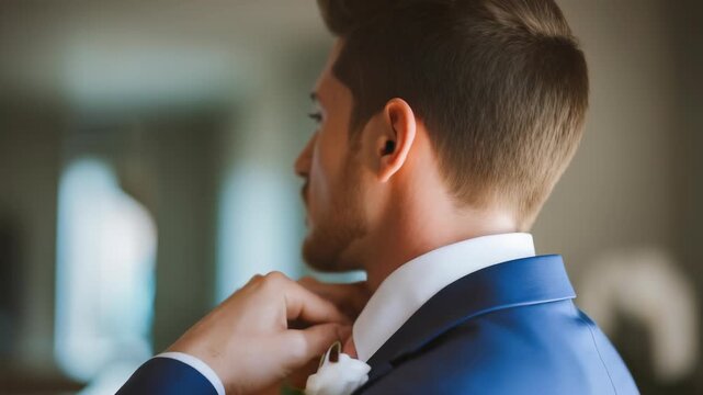 Young groom with ginger beard and blue eyes fixes his tie, exuding confidence and anticipation before his wedding ceremony. Natural light highlights his sharp features and formal attire