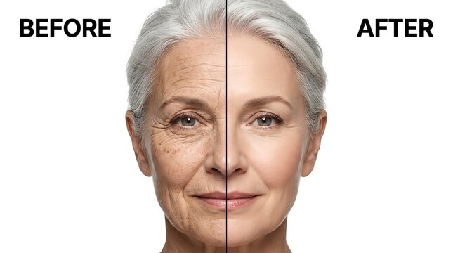 Comparison of mature woman face showing before and after anti aging skin care cosmetic treatment results