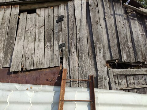 Weathered Barn Facade Rusty climbing tool resting on deteriorating vertical wooden planks for rural decay concepts architectural heritage and grunge backdrops