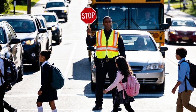 Holding STOP sign, guard in fluorescent vest guiding children with backpacks across school crossing