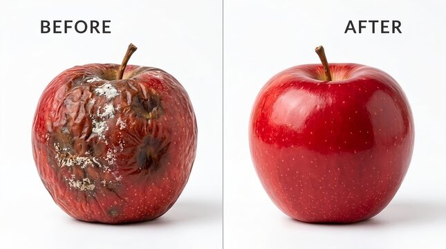 Comparison of a rotten moldy apple versus a fresh shiny red apple on a white background
