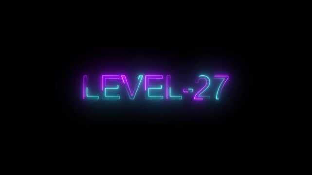 Glowing Neon LEVEL 27 Text Animation on Black Background, Game Progress Level Indicator Motion Graphics 4K