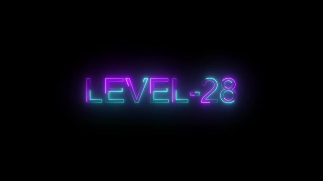 Glowing Neon LEVEL 28 Text Animation on Black Background, Game Progress Level Indicator Motion Graphics 4K