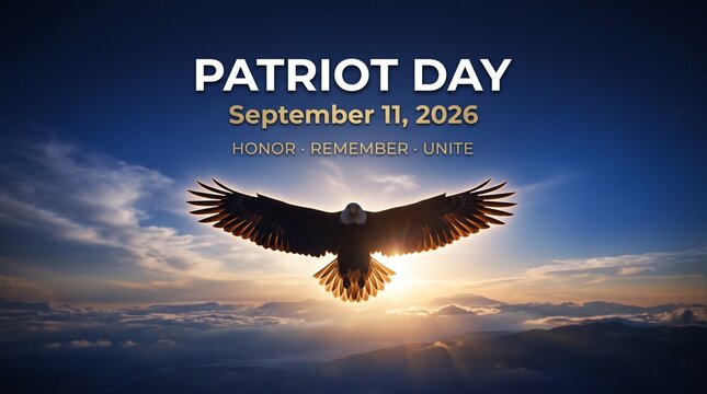 Patriot day september 11 2026 commemorative graphic featuring a majestic bald eagle soaring high against a deep blue sky to honor remember and unite people in a solemn tribute of national