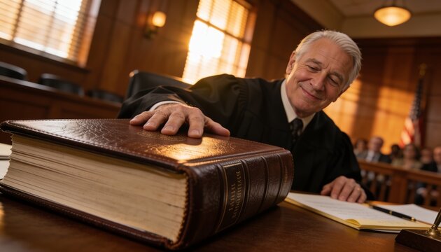 Reaching senior judge wearing black judicial robe, leaning on leather law book at courtroom