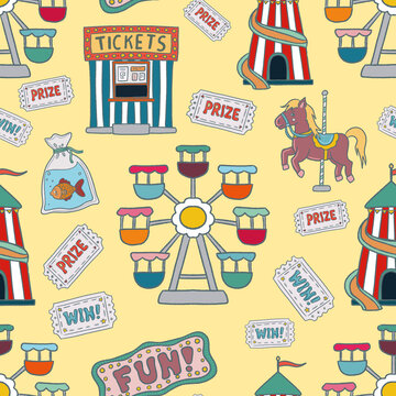 Seamless carnival pattern, circus tent, ferris wheel, carousel horse, ticket booth, prize and win tickets and fairground signs. Perfect for wrapping, packaging, stationery, fabric and textile prints.