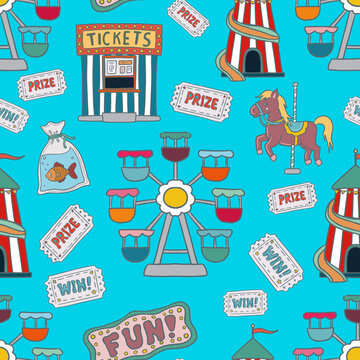 Seamless carnival pattern, circus tent, ferris wheel, carousel horse, ticket booth, prize and win tickets and fairground signs. Perfect for wrapping, packaging, stationery, fabric and textile prints.