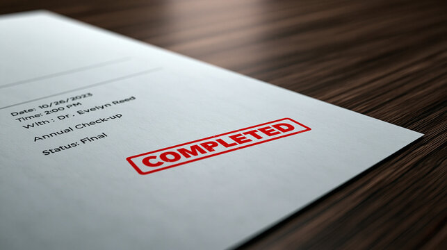 Medical report with red completed stamp on wood. Professional healthcare documentation for medical insurance ads.
